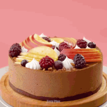 a cake with berries and whipped cream on top of it with easy plus written on the bottom