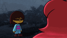 a cartoon of a girl with a striped shirt standing next to a red object