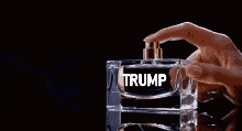 a person spraying perfume on a bottle that says trump