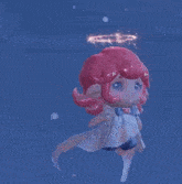 a little girl with pink hair and a halo on her head is floating in the air .