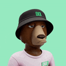a bear wearing a pink shirt and a black hat with okb on it