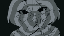 a black and white drawing of a person covering their face with their hand .