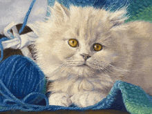 a painting of a cat with yellow eyes laying in a ball of yarn