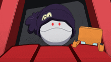 a cartoon character is wearing a blue hat with the letter m on it and red eyes