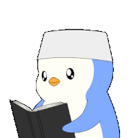 a penguin wearing a white hat reads a book