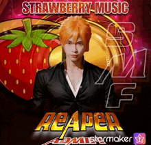 a poster for strawberry music featuring a man