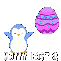a happy easter greeting card with a penguin and an egg