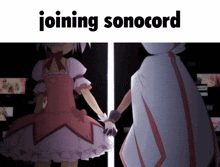 two anime girls holding hands with the words joining sonocord written above them