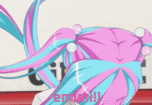 a girl with pink and blue hair is wearing a white shirt that says emimi