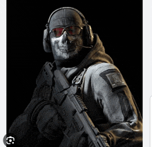 a soldier with a skull mask and headphones holds a gun