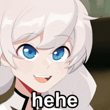 a girl with white hair and blue eyes is smiling with the word " hehe " written below her