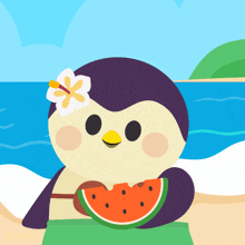 a penguin is holding a slice of watermelon on the beach