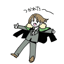 a cartoon drawing of a man in a suit with chinese writing below him
