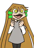 a cartoon character with long brown hair and green blocks on her head