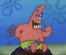 patrick star from spongebob squarepants is holding a floss in his mouth .