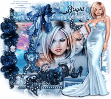 a woman in a blue dress with the words shine bright