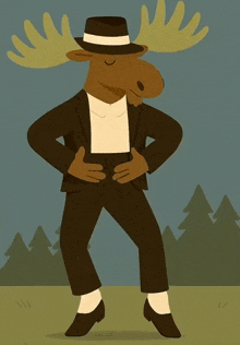 a moose wearing a suit and hat is dancing in a field