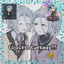 a drawing of two anime characters with the caption " tojocest tuesday !!! "