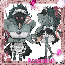 a picture of a monster in a maid outfit with the word beautiful in pink