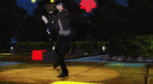 a man in a suit is dancing on a stage in a video game at night .
