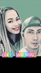 a painting of a man and a woman with the words " good morning " written below them