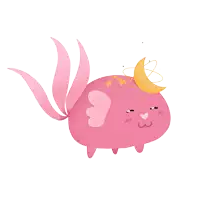 a pink cartoon character with a crescent moon and stars on its head
