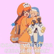 a poster of two anime characters with the words " oomfie voted for george romney " on the bottom
