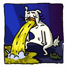 a cartoon of a dog vomiting a yellow liquid
