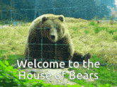 a bear behind a fence with the words welcome to the house of bears written below it