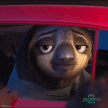 a sloth in a car with the words zootopia 2 written on the bottom