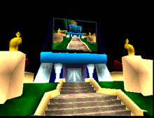 a computer generated image of a building with stairs and a screen