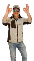a man wearing sunglasses and a hat with the word thermal on it is giving the ok sign