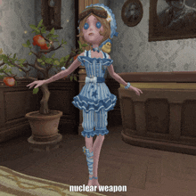 a girl in a blue and white striped dress is standing in a room with the word nuclear weapon written on the bottom