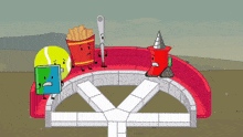 a cartoon of a tennis ball a bucket of french fries and a book