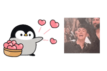 a penguin is holding a bowl of hearts next to a picture of a man