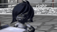 a black and white cartoon character is standing on a sidewalk with the words `` right '' written on the bottom .