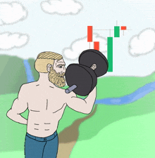 a cartoon of a shirtless man lifting a dumbbell in front of a graph