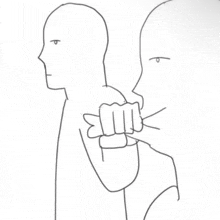 a drawing of a man holding another man 's fist in front of his face .