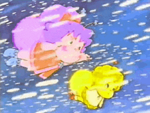 a purple and yellow cartoon character are flying through the air