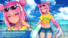a girl with pink hair wearing a yellow shirt that says savx