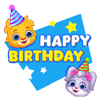 a happy birthday greeting card with a bear and a rabbit wearing party hats