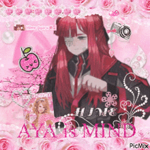a picture of a girl with red hair is surrounded by pink roses and pearls