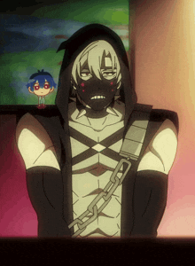 a cartoon character with a chain around his waist and a hood