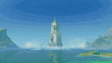 a large tower is floating in the middle of a lake