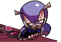 a cartoon character is sitting at a table with a plate of food and a glass of liquid