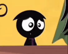 a black cartoon character with big eyes is standing next to a tree .