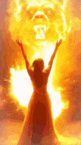 a woman with her arms outstretched stands in front of a huge fireball with the letter e on it
