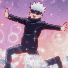 a cartoon character with white hair and sunglasses is dancing in front of flowers