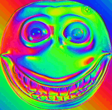 a colorful smiley face with big eyes and a rainbow background