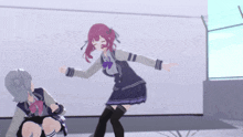 a girl with red hair is standing next to another girl with gray hair